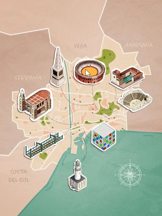Illustrierte Karte von Málaga mit den wichtigsten Sehenswürdigkeiten und Vierteln — AltaHomes